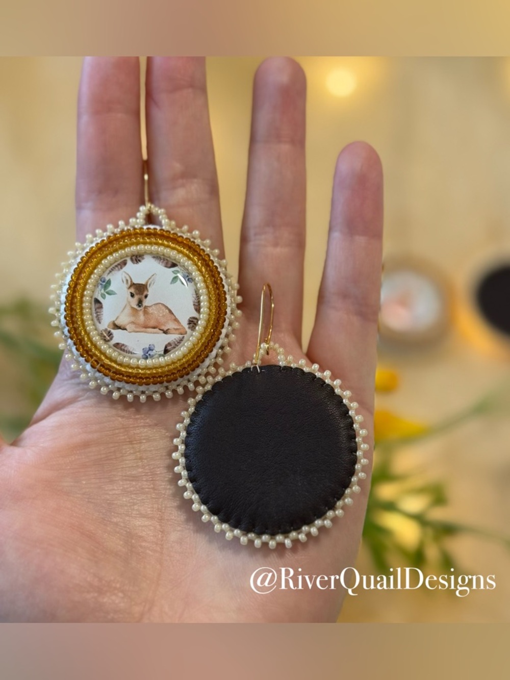Handmade Beaded Deer Medallion Earrings: Cream, Gold, Brown. Native Made - Picture 2 of 2
